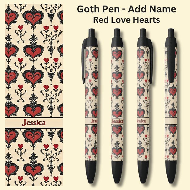 Add Name, Goth Gothic Red Valentines Love Hearts  Black Ink Pen (Creator Uploaded)