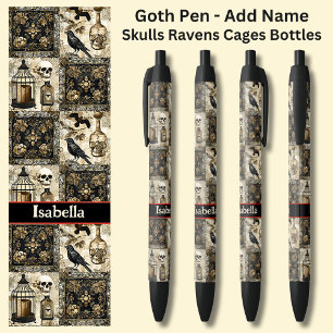 Add Name, Goth Skulls  Ravens Cages Bottles  Black Ink Pen