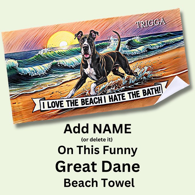Add Name, Great Dane Splashing in Waves Dog Beach Towel (Creator Uploaded)