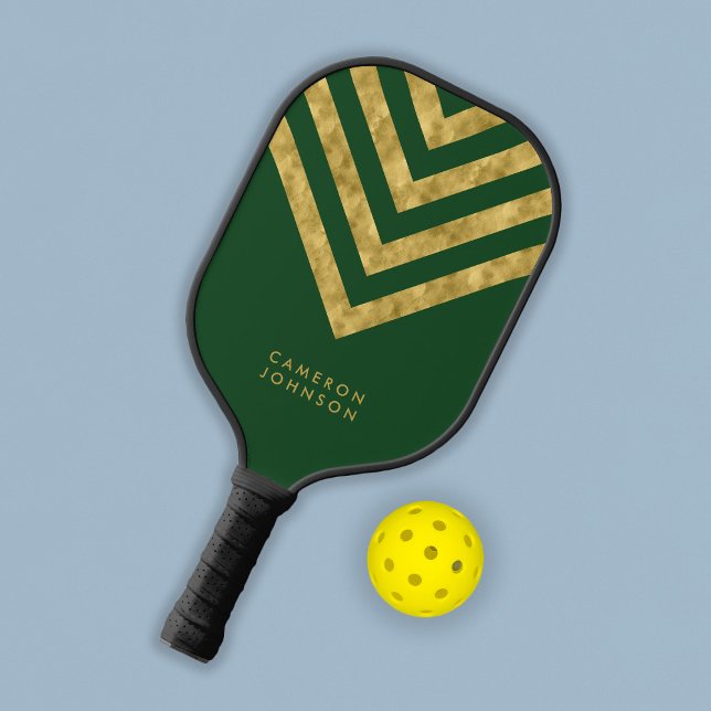 Add Name Green and Faux Gold Chevron Pickleball Paddle (Creator Uploaded)