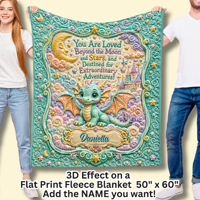 Add Name Green Baby Dragon 3D Effect  Fleece Blanket (Creator Uploaded)