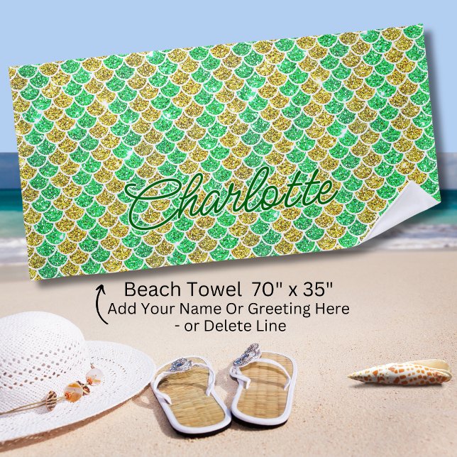 Add Name Green & Gold Mermaid Scales Beach Towel (Creator Uploaded)