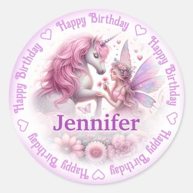 Add Name Happy Birthday Fairy & Unicorn Classic Round Sticker (Front)