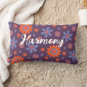 Add Name Happy Retro Flowers 70s Daisy Funny Cute Lumbar Cushion