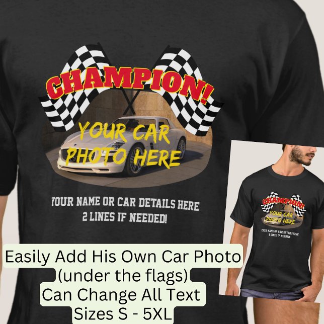 Add Name His Car Photo Text, Champion Winner Flag T-Shirt (Creator Uploaded)