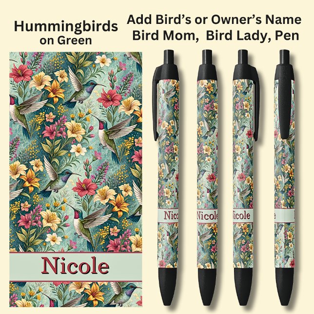 Add Name, Hummingbirds on Green Black Ink Pen (Creator Uploaded)