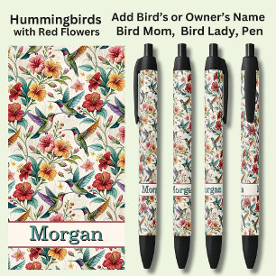 Add Name, Hummingbirds with Red Flowers Black Ink Pen