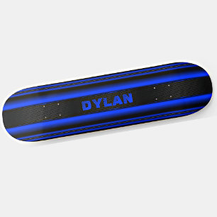 Add Name Initials Blue Stripes Black Textured Look Skateboard