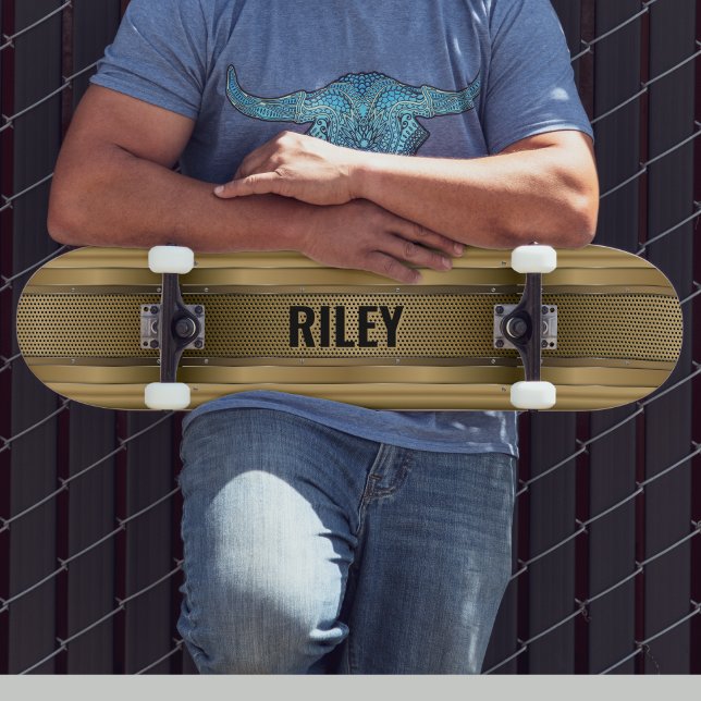 Add Name Initials, Metallic Gold Strips  Skateboar Skateboard (Creator Uploaded)