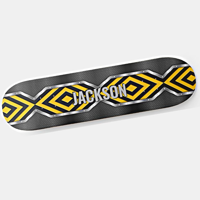 Add Name Initials, Metallic Silver Yellow Black    Skateboard (Creator Uploaded)
