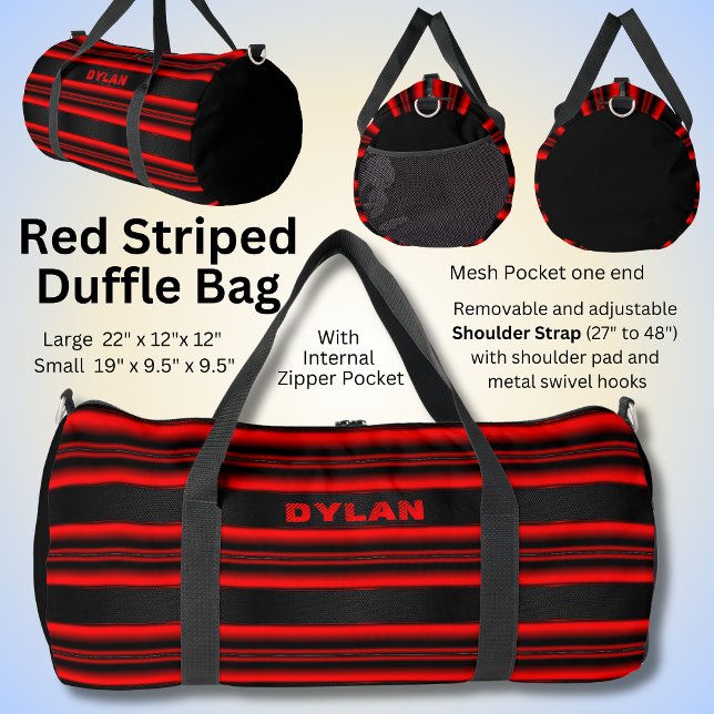 Add Name Initials Red Stripes Black Textured Look Duffle Bag (Creator Uploaded)