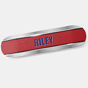Add Name Initials, Red with Silver Grey Steel Look Skateboard