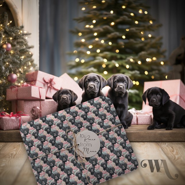 Add Name Labrador Puppy Pink Bows Christmas  Wrapping Paper (Creator Uploaded)