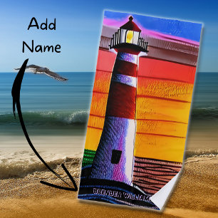 Add Name, Lighthouse at Sunset Beach Towel