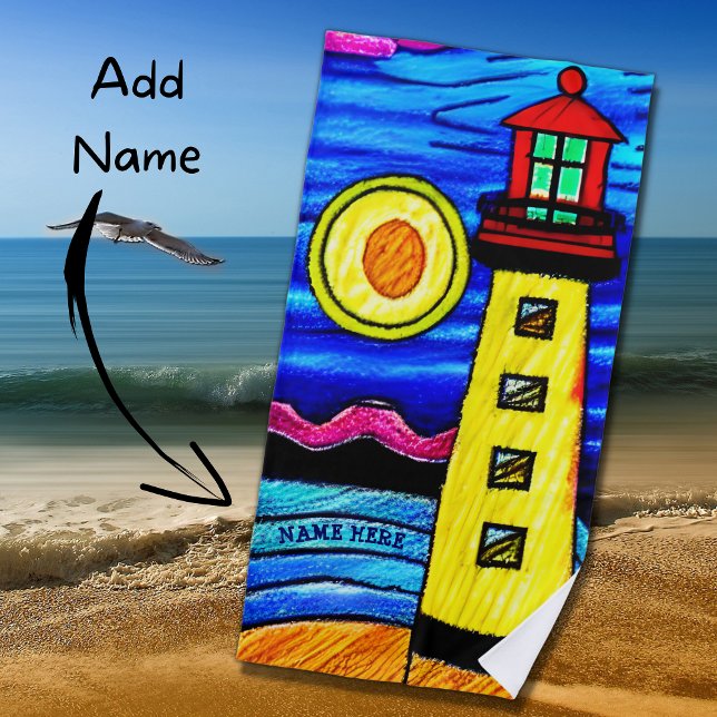 Add Name, Lighthouse in the Sun, Red Yellow Blue B Beach Towel (Creator Uploaded)