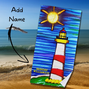 Add Name, Lighthouse in the Sun, Red Yellow Blue  Beach Towel