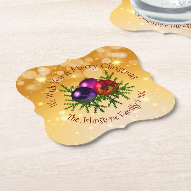 Add Name Matching Christmas on Gold Paper Coaster (Angled)