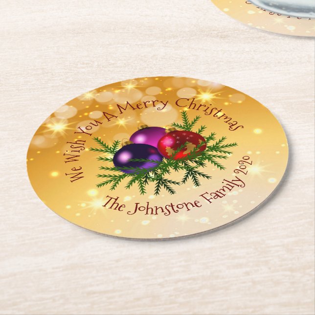Add Name Matching Christmas on Gold Round Paper Coaster (Angled)