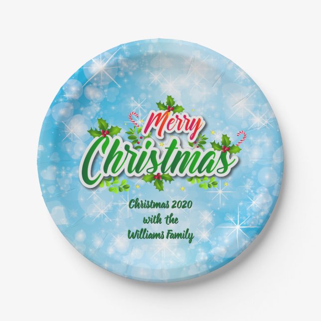 Add Name Matching Merry Christmas Blue 7" Paper Plate (Front)
