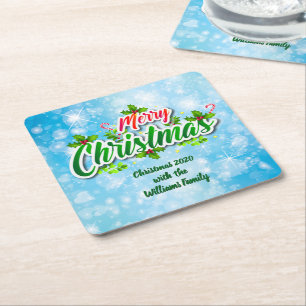Add Name Matching Merry Christmas Blue Square Paper Coaster