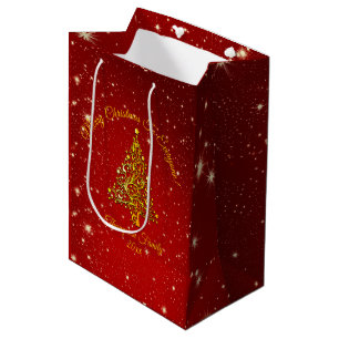 Add Name Matching Set Christmas Red Gold Tree Star Medium Gift Bag