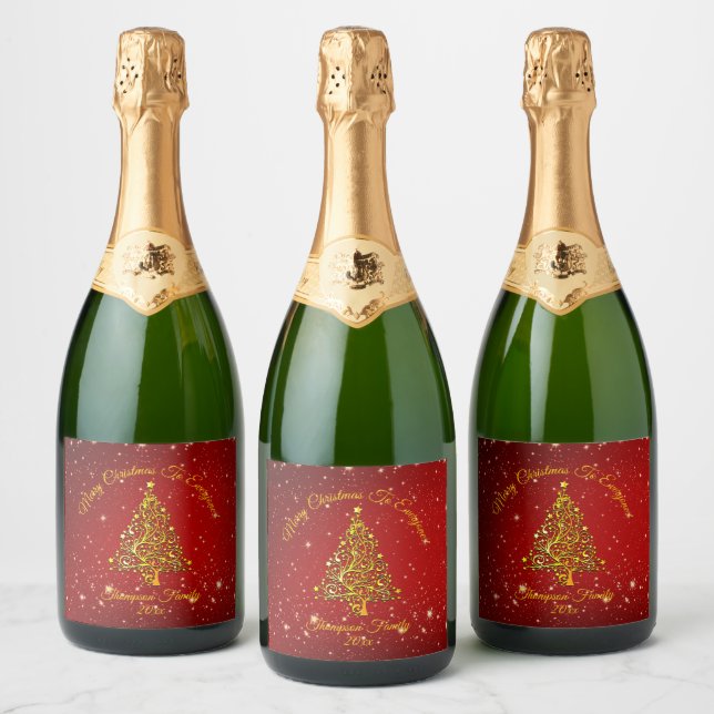 Add Name Matching Set Christmas Red Gold Tree Star Sparkling Wine Label (Bottles)