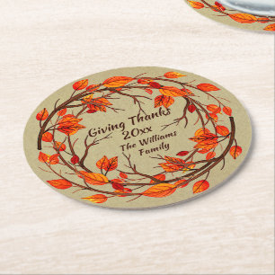 Add Name Matching Thanksgiving Autumn Round Paper  Coaster