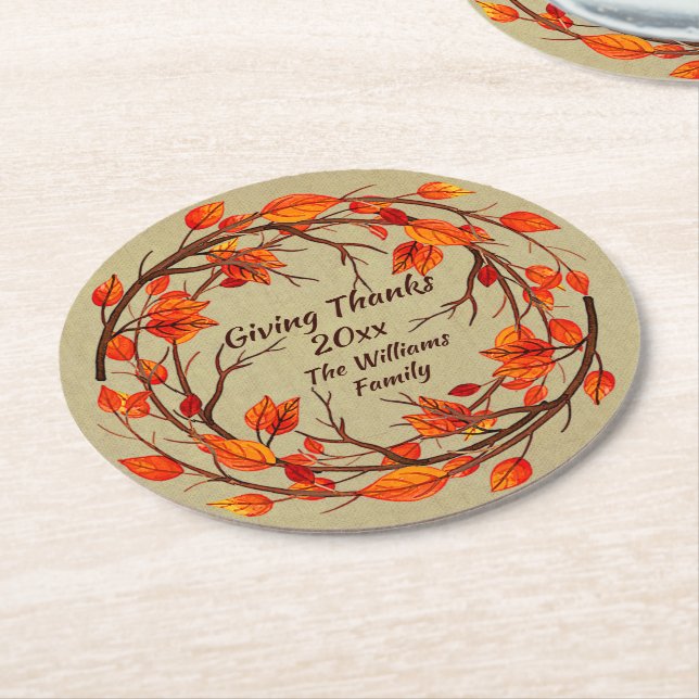 Add Name Matching Thanksgiving Autumn Round Paper  Coaster (Angled)