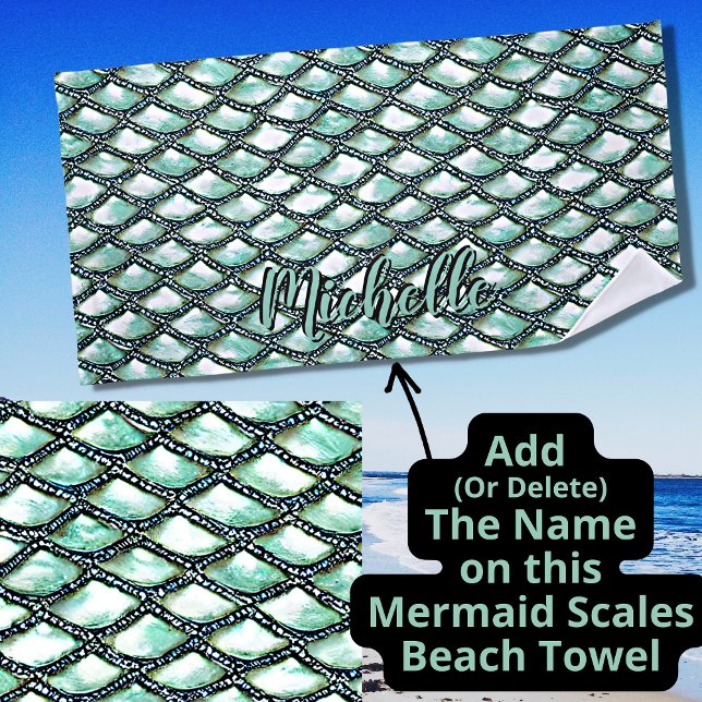 Add Name, Mermaid Aqua Scales Pearl Silver Diamond Beach Towel (Creator Uploaded)