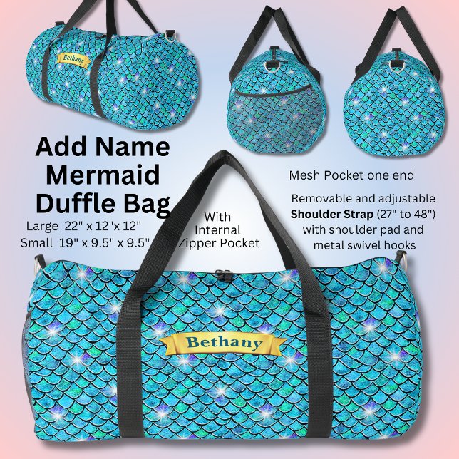 Add Name Mermaid Scales Aqua Blue with White Stars Duffle Bag (Creator Uploaded)