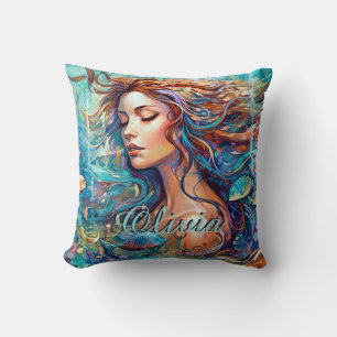 Add Name Mermaid Underwater in Sea, Hair Fish Cushion