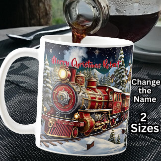 Add NAME, Merry Christmas Red Steam Train Engine Coffee Mug