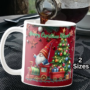 Add Name, Merry Christmas Santa Gnome Steam Train Coffee Mug