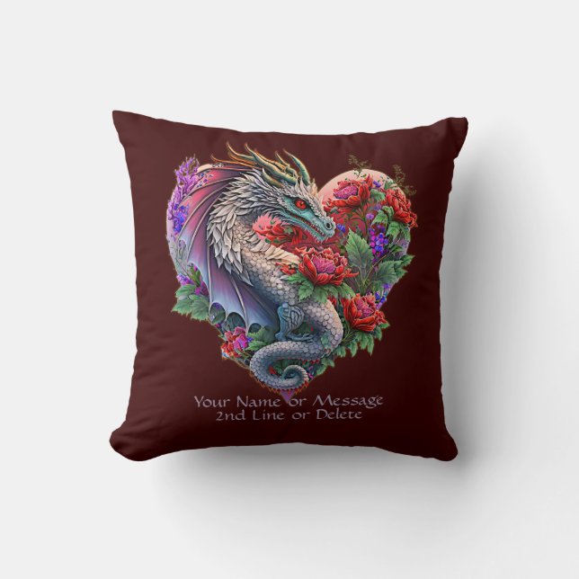 Add Name Message, Heart Dragon & Flowers, Dark Red Cushion (Front)