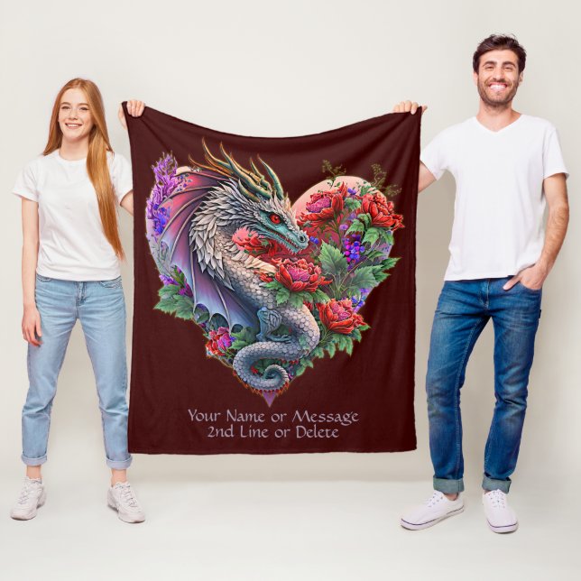Add Name Message, Heart Dragon & Flowers, Dark Red Fleece Blanket (In Situ)