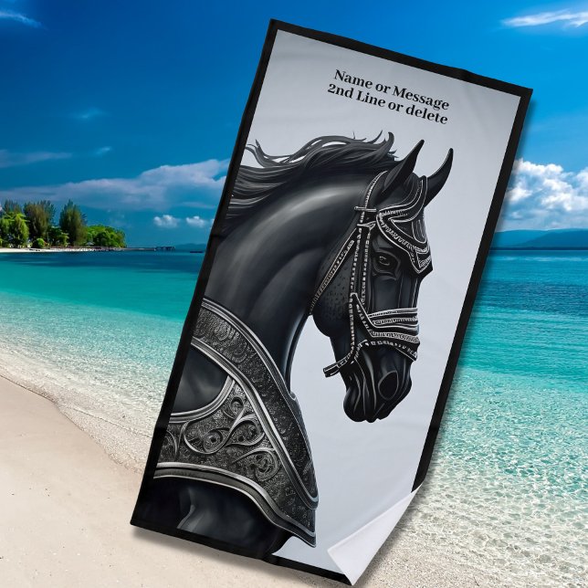 Add Name Message, Strong Black Horse with Armour  Beach Towel (Creator Uploaded)