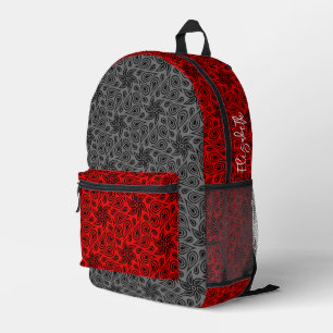 Add Name Modern Grey & Red Floral Paisley Pattern Printed Backpack