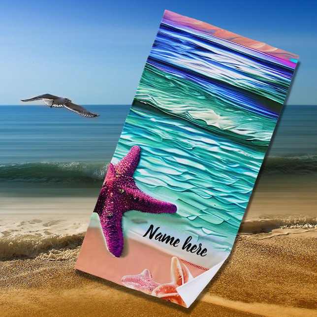 Add Name, Ocean Waves and Purple Star Fish  Beach  Towel (Creator Uploaded)