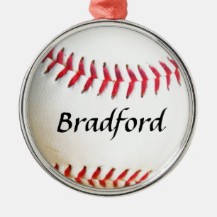 Add Name on White Baseball with Red Stitching Metal Tree Decoration