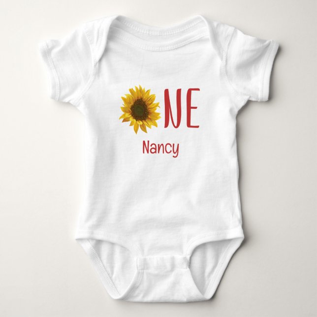 Add Name One Sunflower First Birthday  Baby Bodysuit (Front)