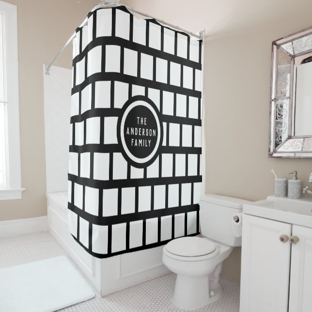 Add Name or Initials Modern Black and White Shower Curtain (In Situ)