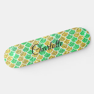Add Name or Text Green Gold Mermaid Scales Skateboard