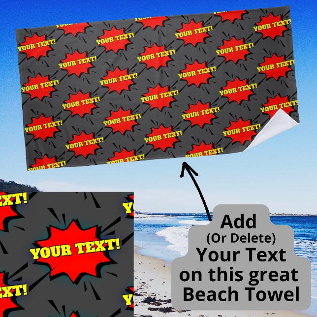 Add Name or Text Red Yellow Pop Art Burst on Grey  Beach Towel (Creator Uploaded)