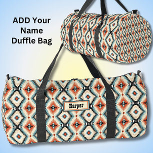 Add Name, Orange Aqua Cream Geometric Western Duffle Bag