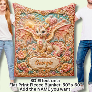 Add Name Orange Flowers Baby Dragon 3D Effect Fleece Blanket