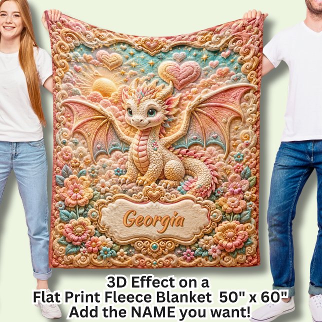 Add Name Orange Flowers Baby Dragon 3D Effect  Fleece Blanket (Creator Uploaded)