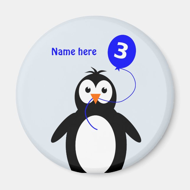 Add name penguin 3rd birthday blue magnet (Front)