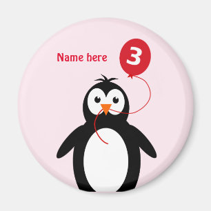 Add name penguin 3rd birthday red pink magnet