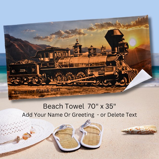 Add Name Personalise Steam Train Sunset CPRR 229 Beach Towel (Creator Uploaded)