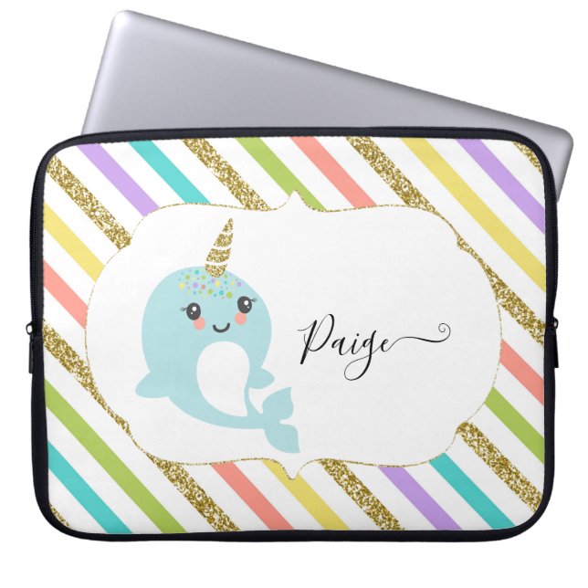 Add Name Personalised Rainbow Narwhal Gold Glitter Laptop Sleeve (Front)
